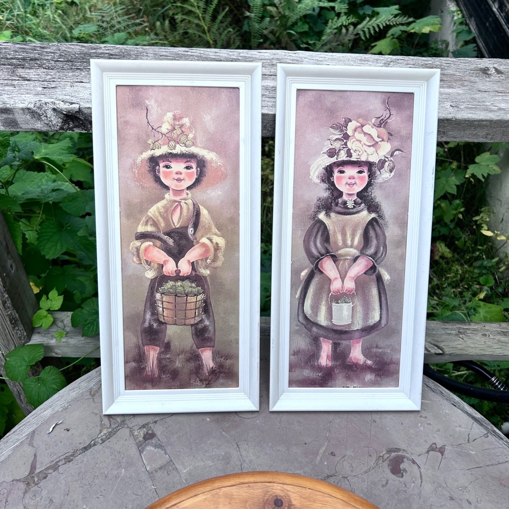 Vintage Big Eye Art Prints Pair MCM Boy Girl Diptych Retro Kitsch Wm Merrill